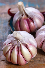 Three bulbs of fresh violet French garlic close up