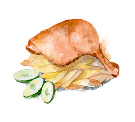 Fried chicken ham with French fries and cucumber. Russian home cooking. Watercolor illustration isoalted on white background