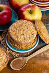 Round rice crackers made with apple and cinnamon, healthy snack for breakfast, lunch and school food