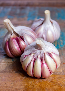 Three bulbs of fresh violet French garlic close up