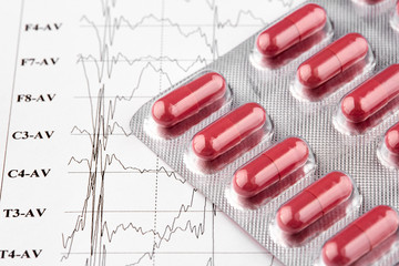 Blister with red pills on EKG graph. Medicine
