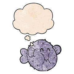 cartoon puffer fish and thought bubble in grunge texture pattern style