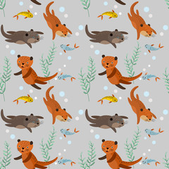  Funny brown otters with fish seamless pattern.