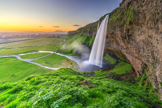 Seljalandfoss in beautiful sunset light, Iceland.
