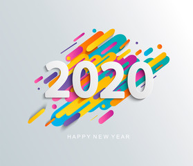 Happy new year 2020 card on modern dynamic background. Perfect for presentations, flyers and banners, leaflets, postcards and posters. Vector illustration.