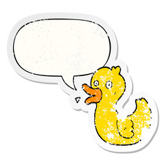 cartoon quacking duck and speech bubble distressed sticker