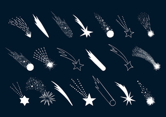 Zestaw ręcznie rysowane spadające gwiazdy. Kometa wektorowa Strzelanie światła. Ilustracja na białym tle. Doodle styl. - 274917584