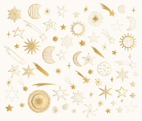 Zestaw doodle słońce, planeta, księżyc, kometa i gwiazdy. Wektorowa złota ilustracja. - 274917587