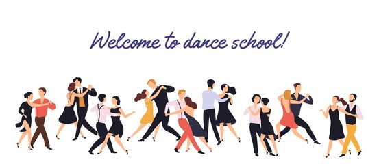 Horizontal banner or backdrop with pairs of elegant men and women dancing tango on white background. Dance school or choreography studio advertisement. Flat cartoon colorful vector illustration.