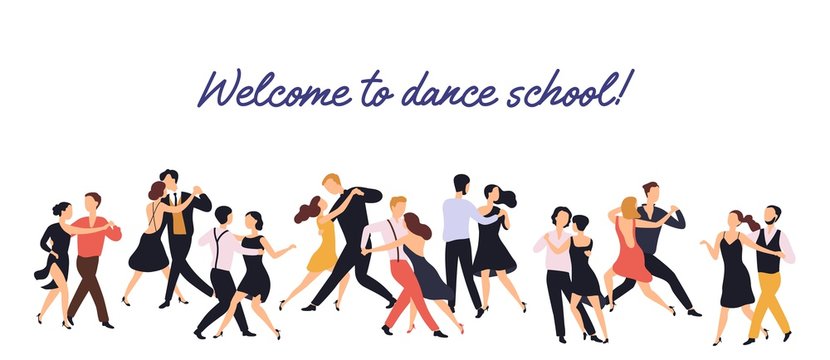 Horizontal banner or backdrop with pairs of elegant men and women dancing tango on white background. Dance school or choreography studio advertisement. Flat cartoon colorful vector illustration.