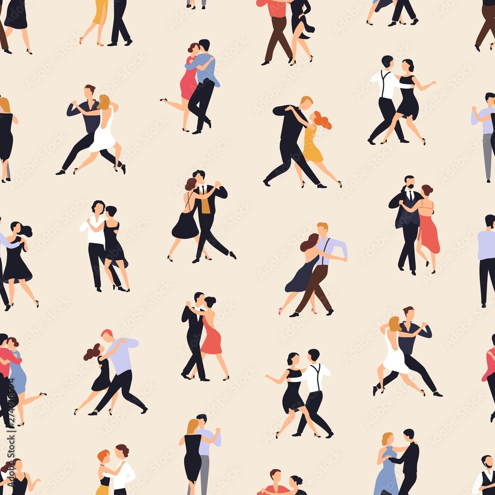 Poster seamless pattern with people dancing argentine tango on light background. backdrop with men and wome