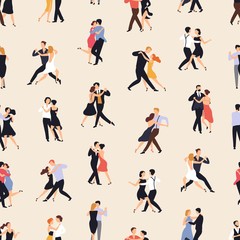 Seamless pattern with people dancing Argentine tango on light background. Backdrop with men and women performing dance. Flat cartoon colorful vector illustration for wrapping paper, textile print. - obrazy, fototapety, plakaty
