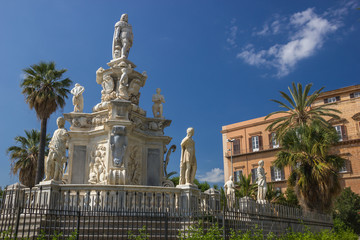 Monument statue of king Charles 5 in front of the historical Norman palace in Palermo Sicily, royal palace historic heritage