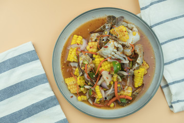 Raw fresh blue swimming crab spicy salad mix with corn