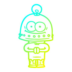 cold gradient line drawing happy carton robot with light bulb