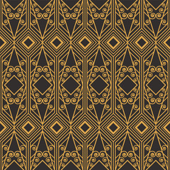Art Deco seamless luxury geometric pattern. Golden lined shape. Vector Leaves stylish background. Abstract sea shell illustration.