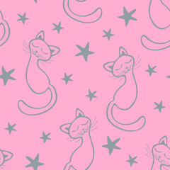Fototapeta premium Cute gentle seamless pattern with dreaming cats and stars in cartoon style. Girly baby pink background 