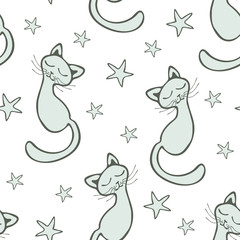 Cute seamless background with dreaming cats and stars in cartoon style