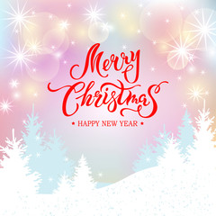 Fototapeta na wymiar Merry Christmas card with new year trees, glowing lights. Handwritten lettering Merry Christmas. Place for text. Vector illustration for winter holiday, invitation, greeting card, poster, web, banner