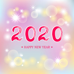 2020 Happy New Year text. 2020 celebration text on blured background.  Vector illustration isolated on background. Postcard motive.