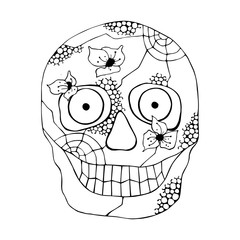 Vector hand drawn illustration of smiling skull with flowers, spider web, tooth, lines face of human Print horror for t shirt. Mexican style, day of the dead, halloween. Sketch, doodle drawing.
