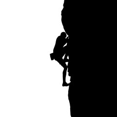 Black silhouette of a climber on a cliff isolated on a white background. Vector illustration