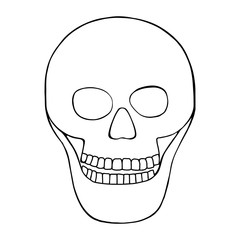 Vector black and white hand drawn illustration of skull with tooth, silhouette face of human Icon, print horror for t shirt. Mexican style, day of the dead, halloween. Sketch, doodle drawing.