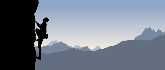 Fototapeta Black silhouette of a climber on a cliff with mountains as a background. Vector illustration obraz