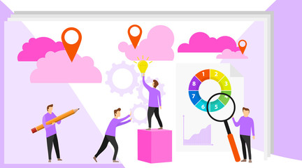 Business concept of vector illustration, little people links of mechanism. Characters of business people holding cogwheels. Business mechanism, abstract background with gears, people