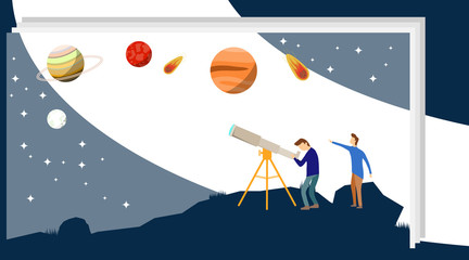 People look at the stars from a telescope. A group of people watching the stars and planets in the telekop. Vector illustration