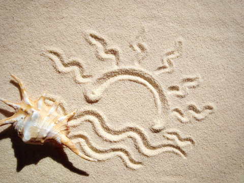 Simple background with sea sand and shell. image of the sun in the sand. summer