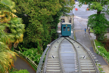 The Free single track with passing loop Funicular leaving lower station viewed from top platfrom in...