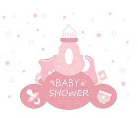 Cute baby shower cartoon. It's a girl. Vector illustration.	
