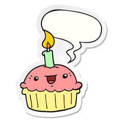 cartoon cupcake and candle and speech bubble sticker