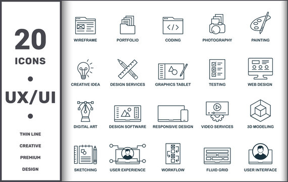 Design Ui And Ux set icons collection. Includes simple elements such as Wireframe, Portfolio, Coding, Photography, Painting, Design Software and Responsive Design premium icons