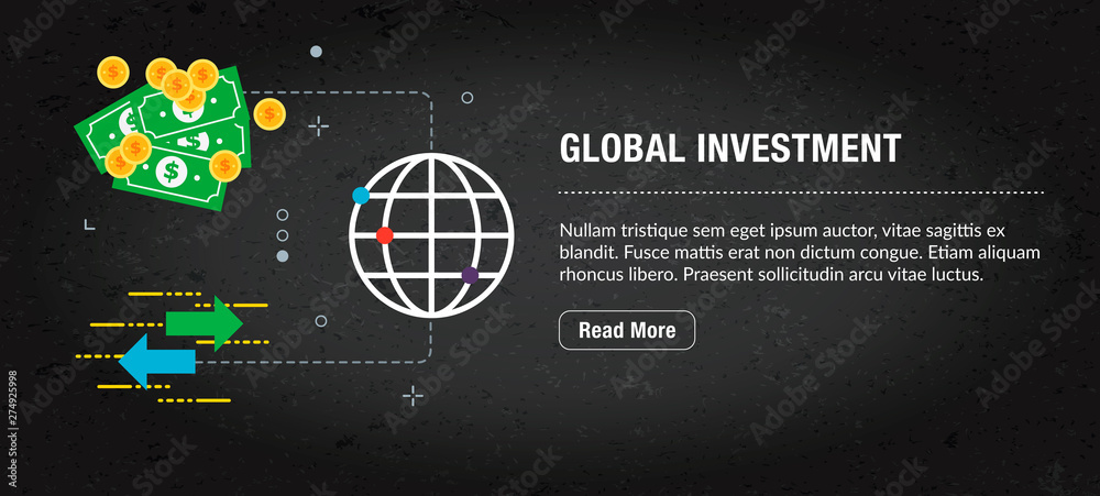 Poster global investment banner internet with icons in vector.