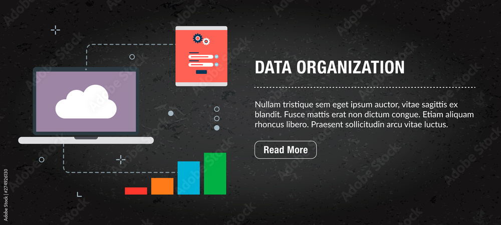 Poster data organization banner internet with icons in vector.
