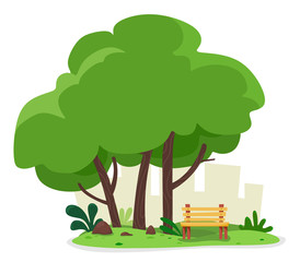 A cozy place to relax with a bench in nature among the trees. Vector illustration in flat style on a white background.