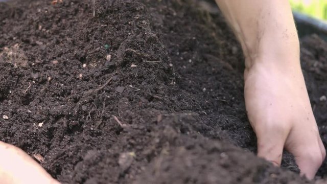 Close up of young woman's hands disturbing and mixing soil in a pot to prep for planting.