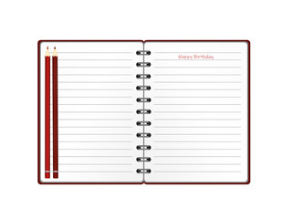 Notebook with red balloon hand-drawn. Dairy and pencils. Greeting card on holiday. Vector. A realistic notepad. Office stationery. For notes