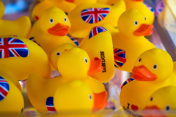 Union Jack yellow rubber ducks on display at a duty free shop in London