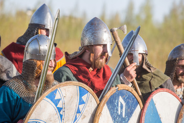 Slav warriors in reenactment battle