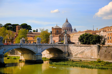 View at Tiber and St. Peter's cathedral in Rome, Italy