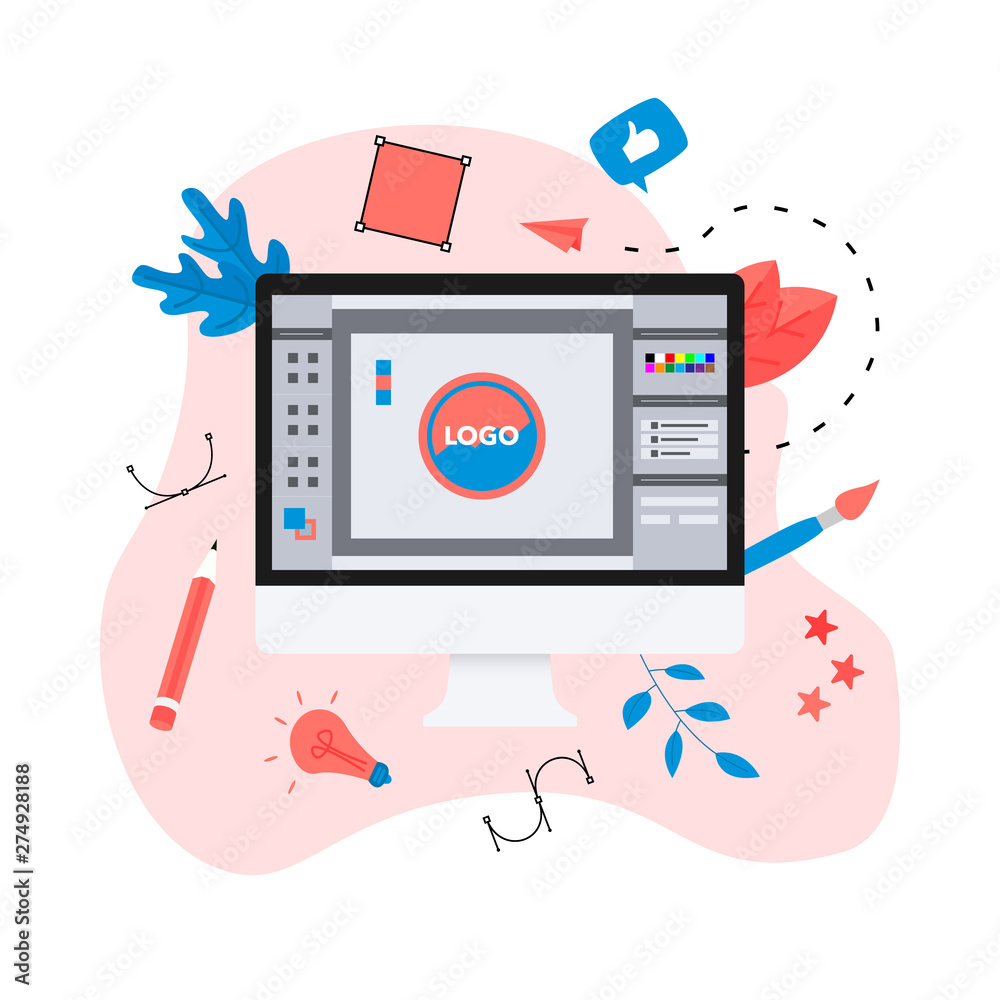 Poster flat vector graphic design concept with computer designer with an open design application with a cre