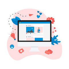 Social media concept with photo content, like and comment. Vector flat illustration	