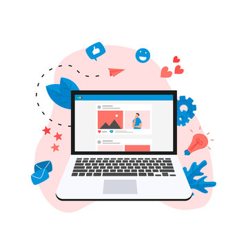 Social media concept with photo content, like and comment. Vector flat illustration	