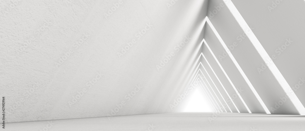 Wall mural empty long light corridor. modern white background. futuristic sci-fi triangle tunnel. 3d rendering