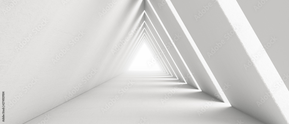Wall mural empty long light corridor. modern white background. futuristic sci-fi triangle tunnel. 3d rendering