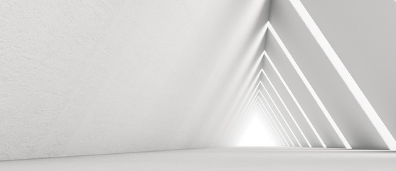 Empty Long Light Corridor. Modern white background. Futuristic Sci-Fi Triangle Tunnel. 3D Rendering
