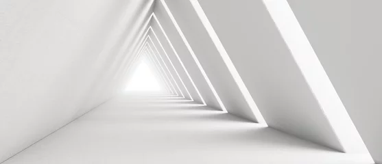 Foto auf Acrylglas Halle Leerer langer Lichtkorridor. Moderner weißer Hintergrund. Futuristischer Sci-Fi-Dreieckstunnel. 3D-Rendering